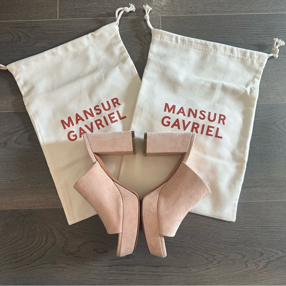 Mansur Gavriel Blush Pink Suede Block Heel Sandals